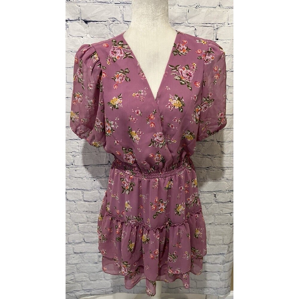 Charles Henry Purple Smocked Tier Hem Floral Print Short Sleeve Dress Medium
